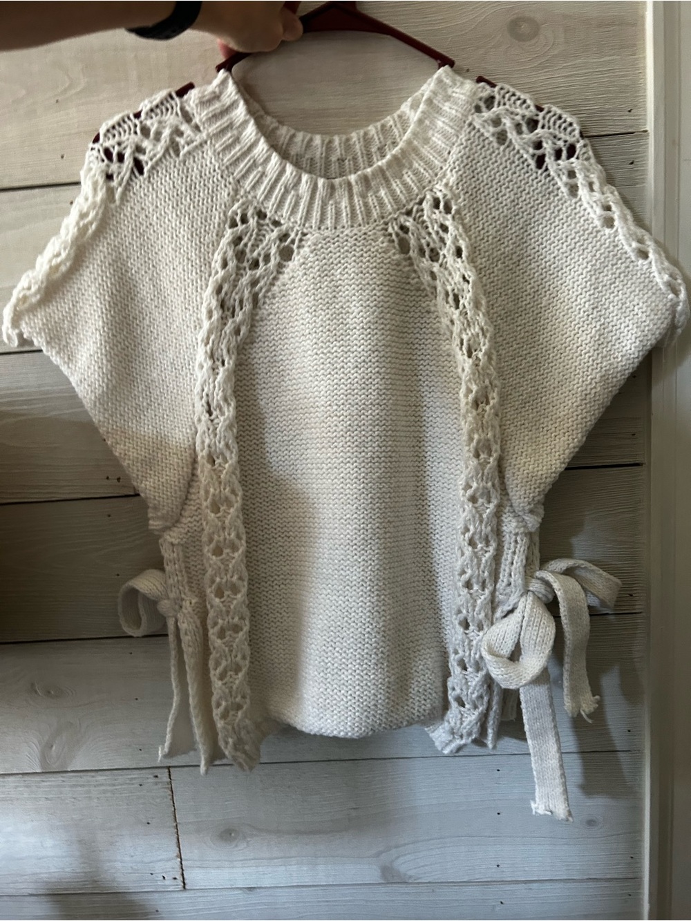 Women’s Cream Knit Short-Sleeve Sweater with Lace Trim - Picture 2 of 6